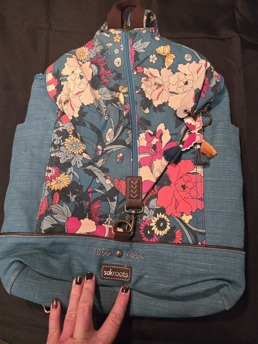 Sakroots Teal Floral Canvas Backpack with Multicolor Bloom Print